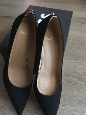 BOSS Black Suede Pointed-Toe Pumps with Gold Accent